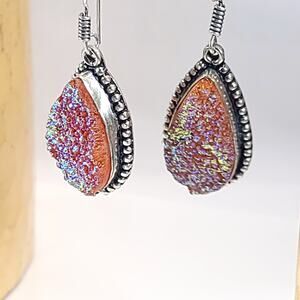 Druzy Teardrop Earrings, Orange Sparkle Earrings, Silver Frame Dangle Earrings